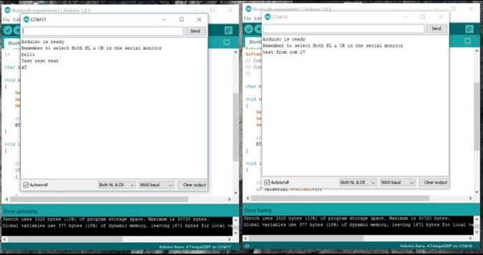 Two computer windows side by side showing Arduino serial monitor output, with text indicating the device is ready and displaying test messages over a COM port.