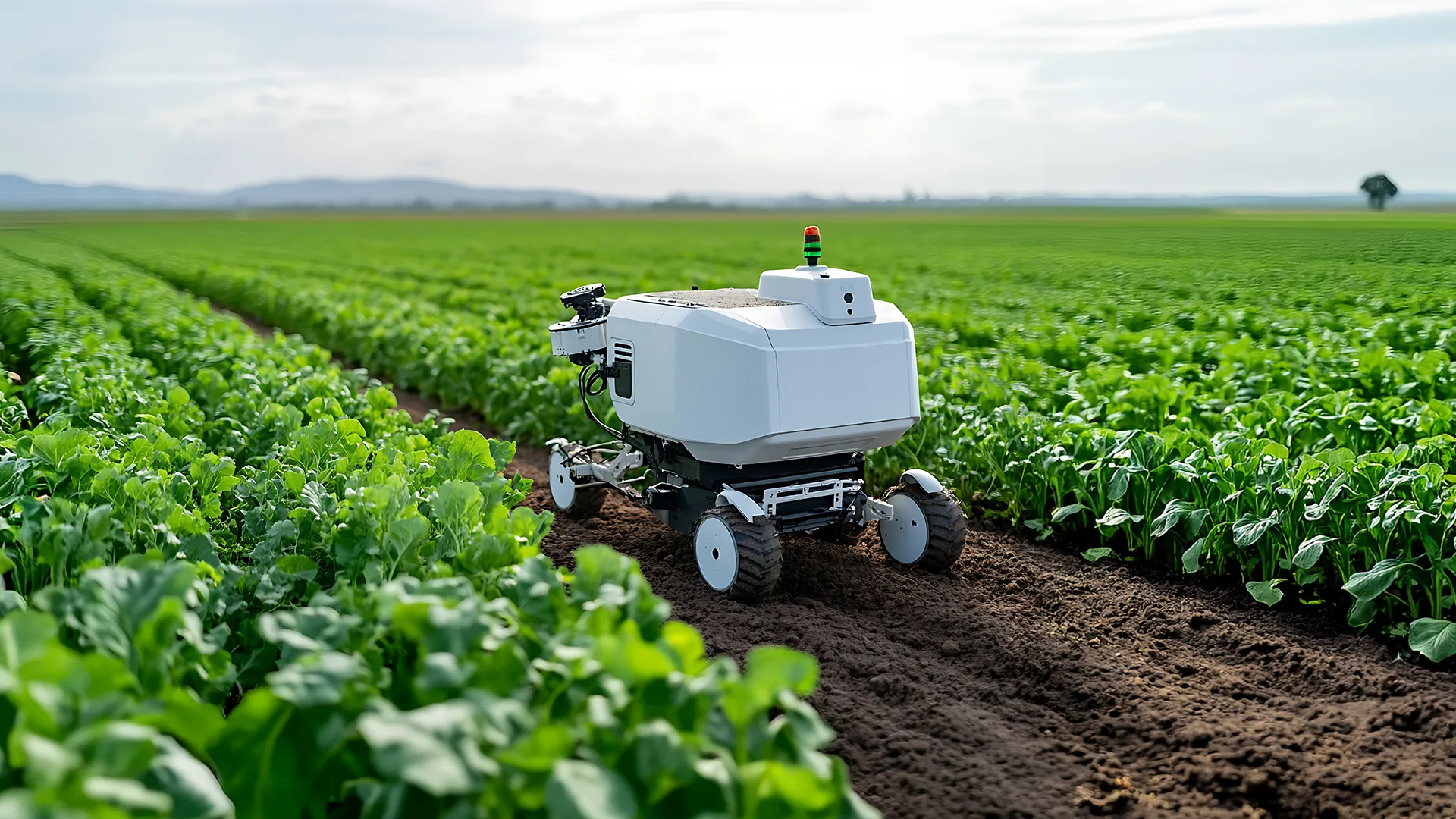 A compact autonomous robot moves between rows of leafy green crops in a large open field.