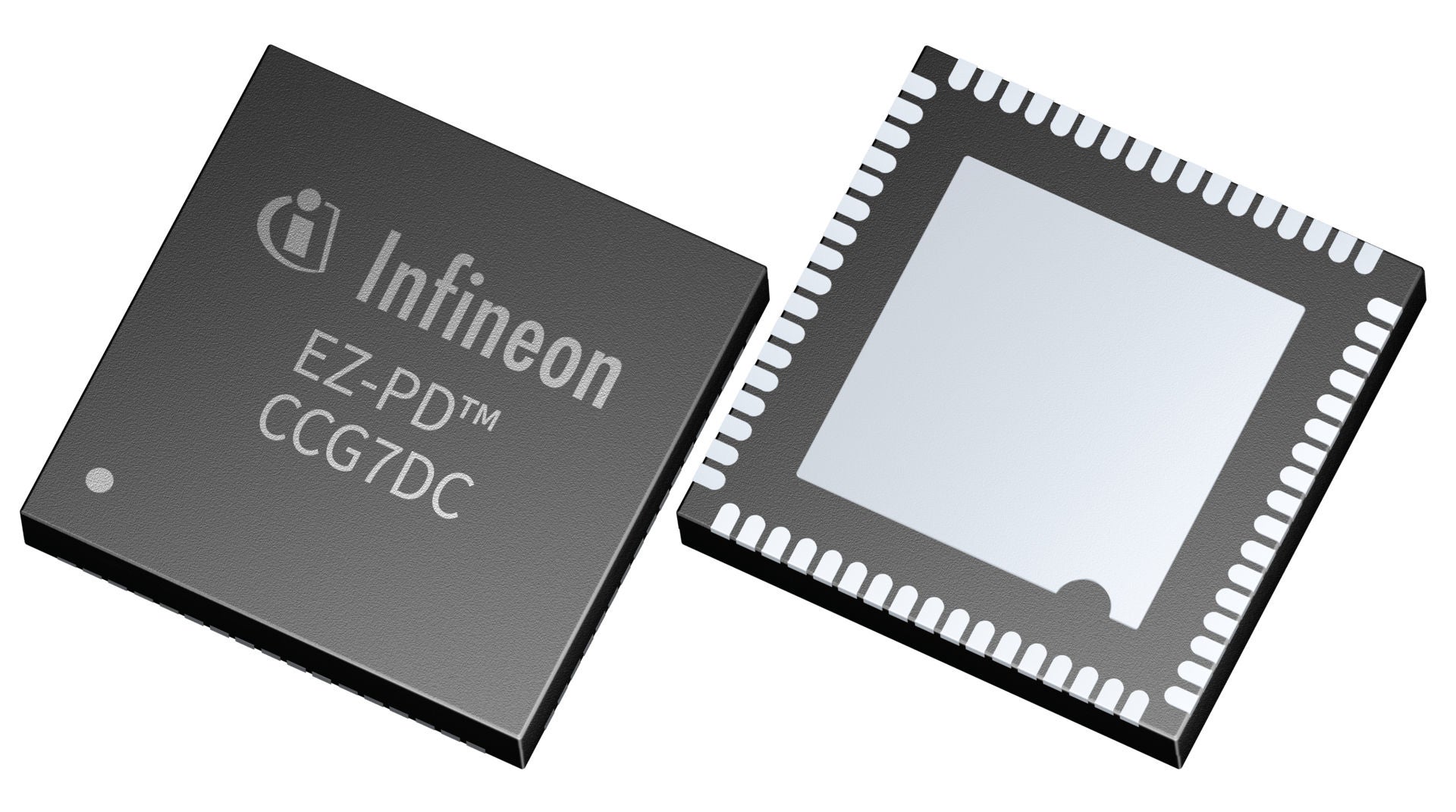This image features two Infineon EZ-PD CCG7DC integrated circuits, one showing the top with clear product markings and the other displaying the underside with visible pins.
