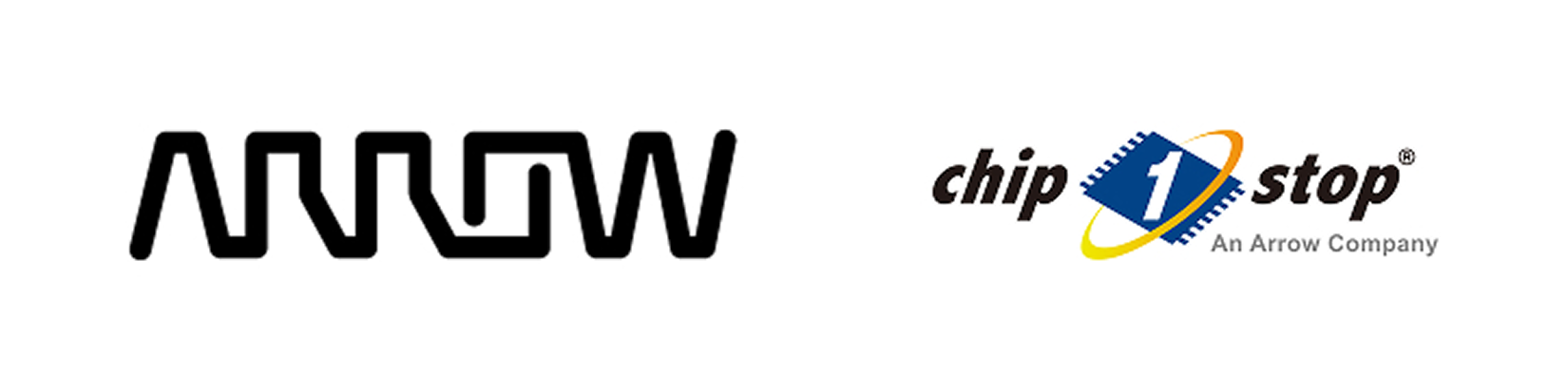 This image features two distinct company logos on a white background. The left side displays the stylized 'ARROW' logo in bold black text. On the right, the 'chip 1 stop' logo appears with a blue chip graphic and the phrase 'An Arrow Company' underneath. The design is clean and modern, emphasizing technology and electronics branding.
