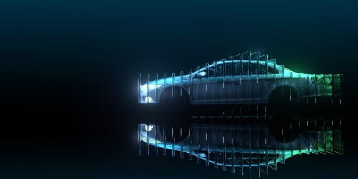 Visualización abstracta de un perfil de automóvil formado por paneles en capas, translúcidos, y rayos de luz, reflejados en una superficie brillante contra un fondo azul oscuro, que sugiere tecnología de sensores o imágenes automotrices.