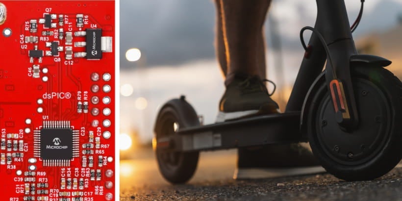 L'immagine presenta un primo piano di un circuito stampato rosso con un microcontroller Microchip dsPIC chiaramente visibile e vari componenti etichettati.