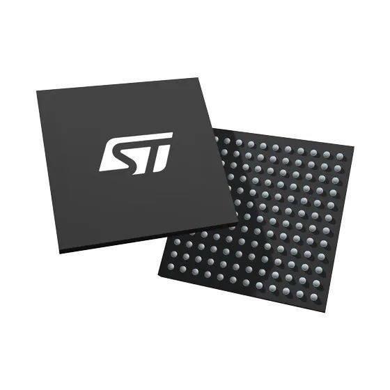 Close-up rendering of a black ST microchip shown from two angles.