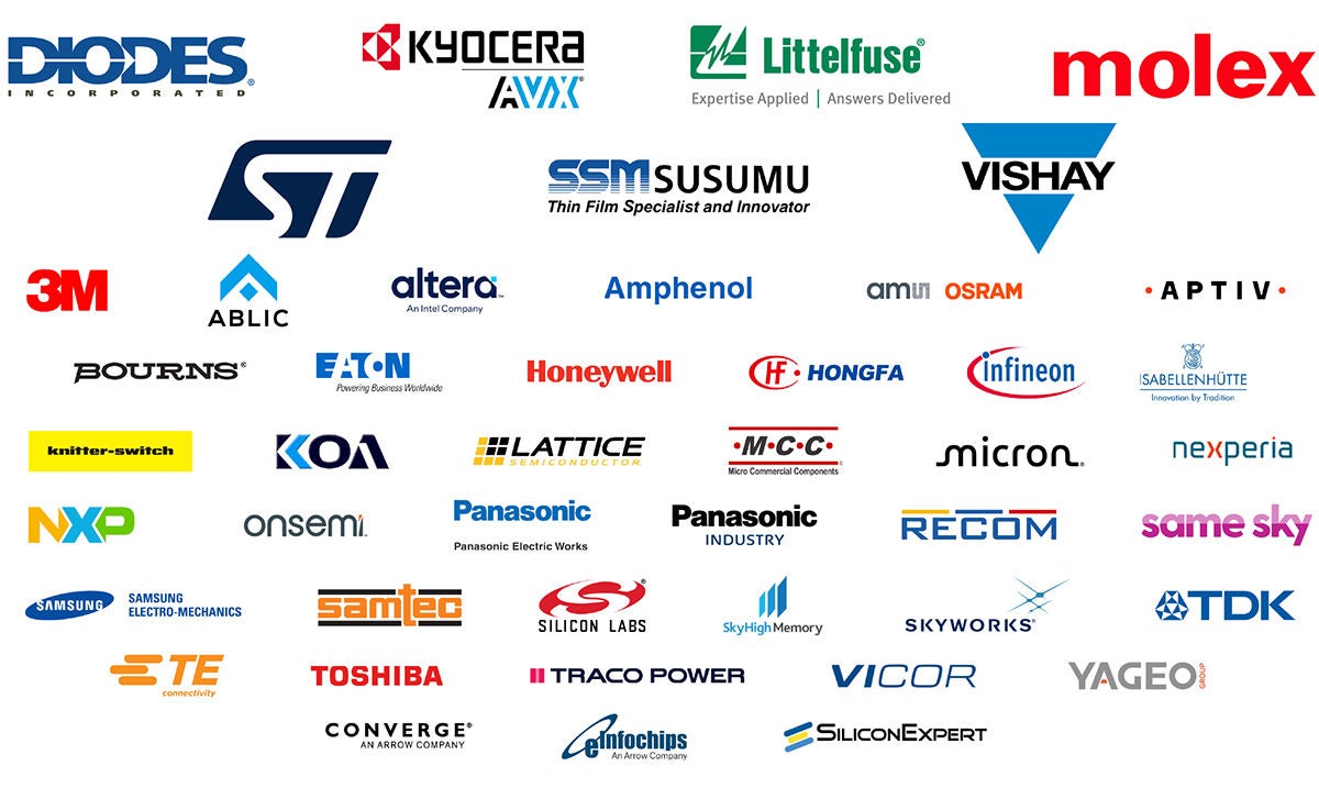 A collection of various electronic component manufacturer logos and names is displayed in a grid format. Each logo is distinct, featuring different colors, fonts, and design elements, with company names such as Molex, Amphenol, Vishay, onsemi, Silicon Labs, and more clearly visible. The image is set against a white background, emphasizing the diversity of branding styles. No people or additional objects are present, and several logos use bold or stylized typography. No numeric values are visible in the image.
