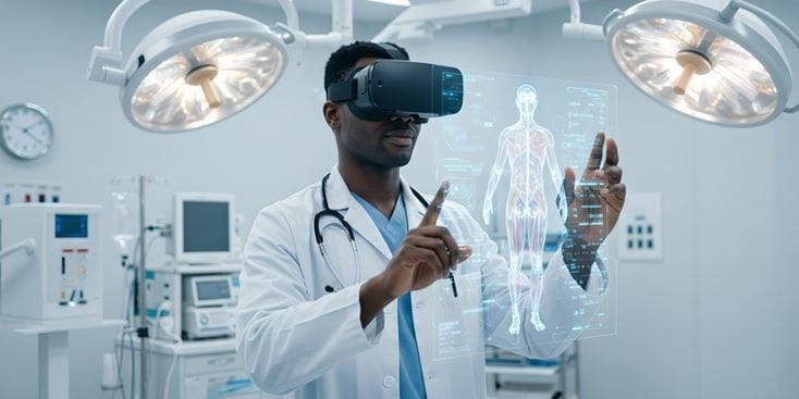 Il medico indossa un visore VR e interagisce con un display olografico di anatomia umana in una sala operatoria medica moderna.