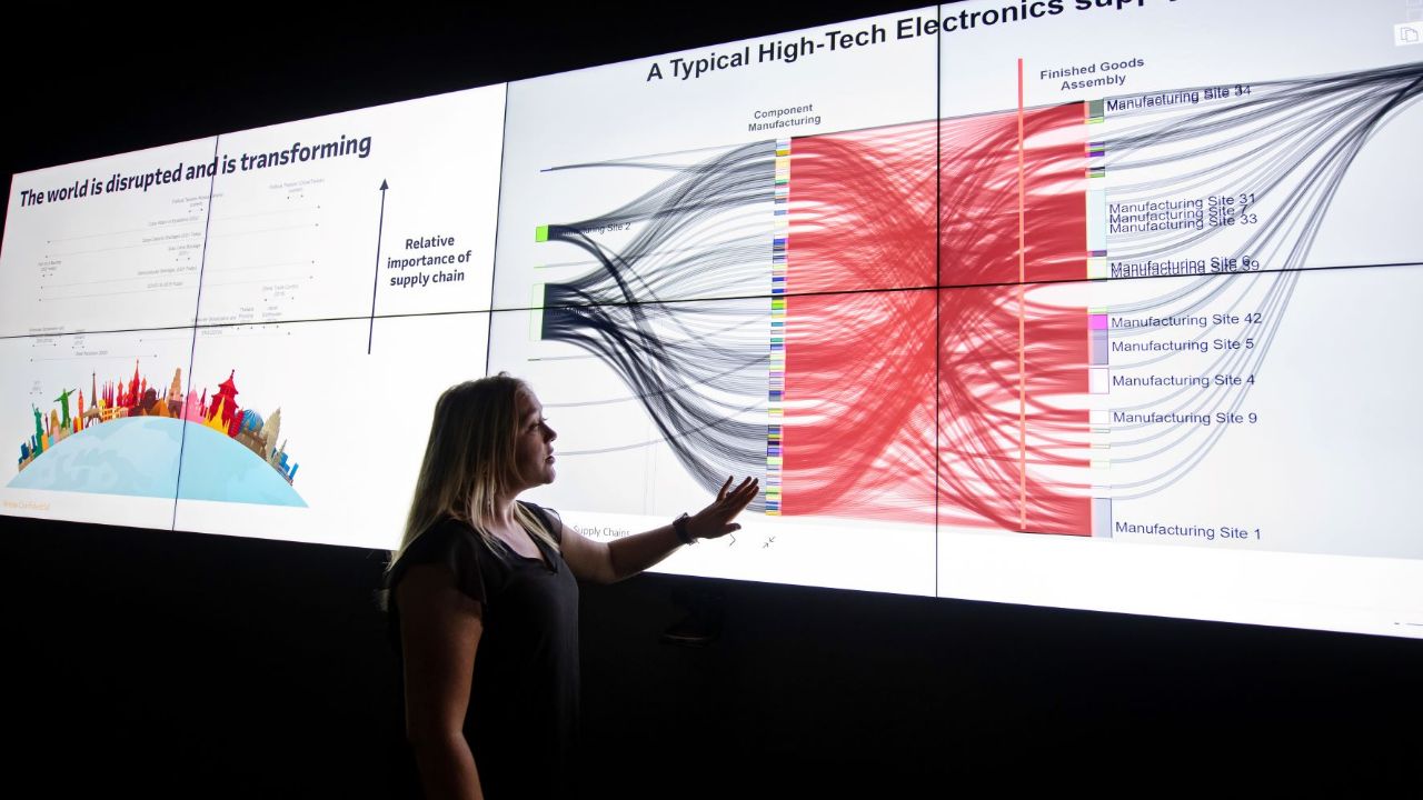 A woman in front of a large screen at Arrow Global Supply Chain Services