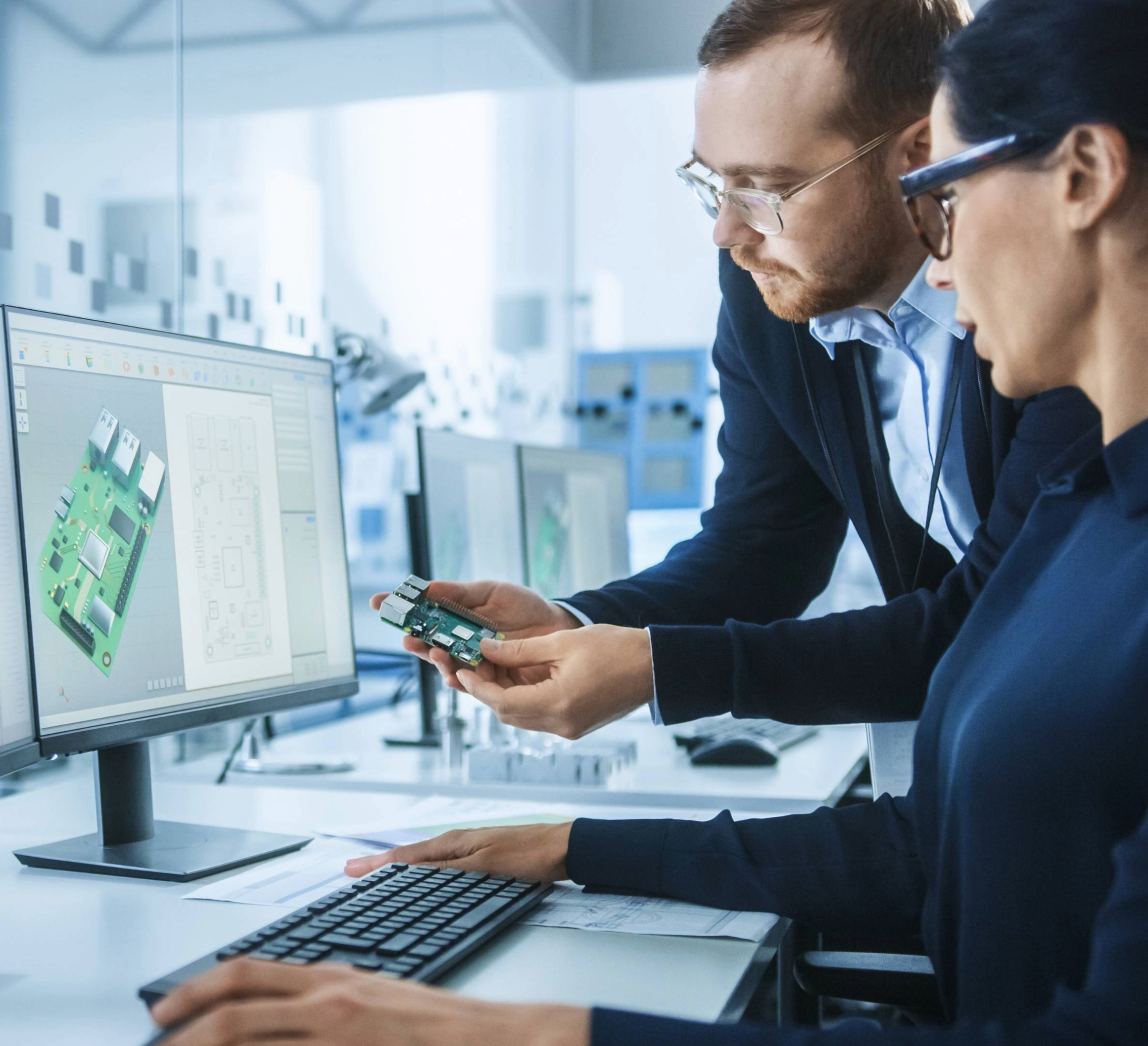 Two people looking at a microchip board.