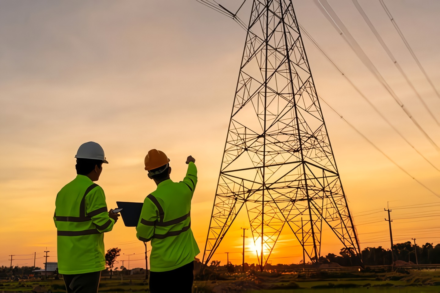 Two engineers wearing safety helmets and high-visibility jackets are inspecting power transmission towers during sunset