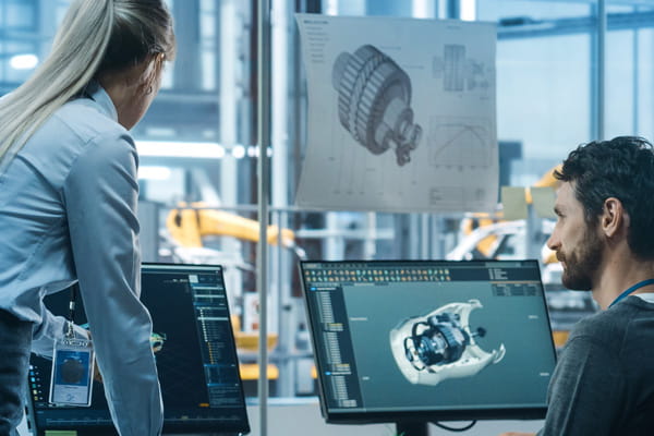 Two scientists in lab coats are analyzing a sleek, modern drone prototype in a high-tech laboratory setting