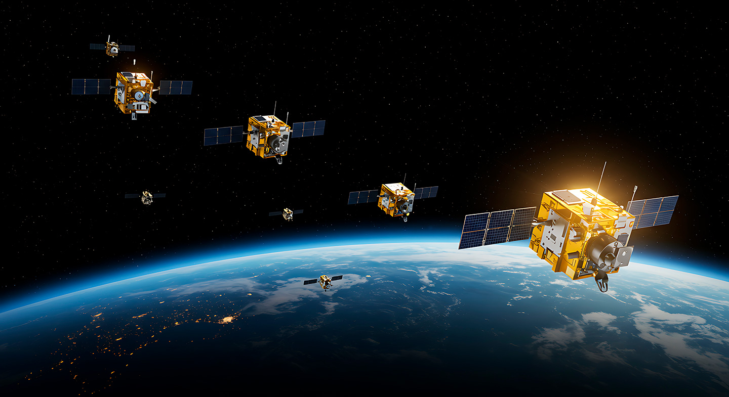 Se muestran múltiples satélites de comunicaciones orbitando a gran altitud sobre la Tierra.