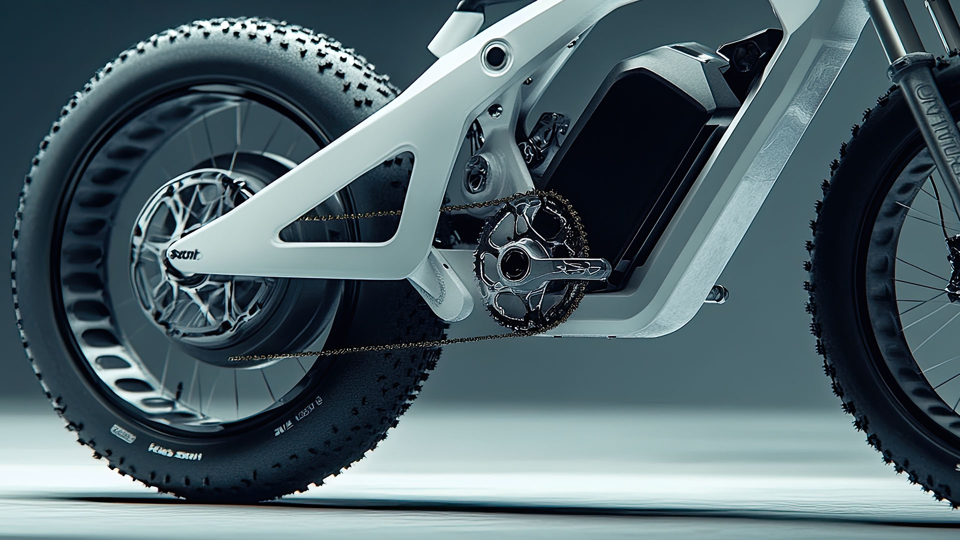 Detailed view of a sleek electric bike frame showcasing its chain mechanism and rear wheel.