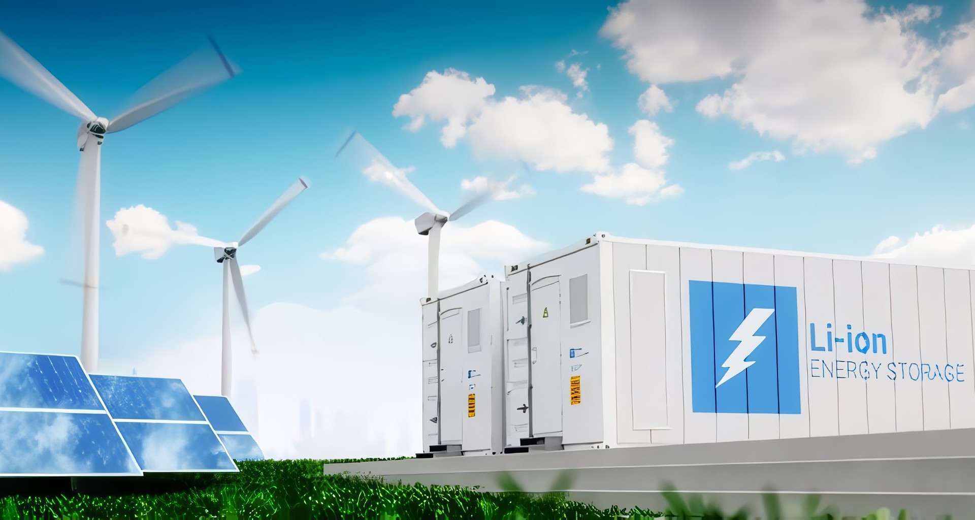 A lithium-ion energy storage unit is prominently displayed in a green field under a bright blue sky