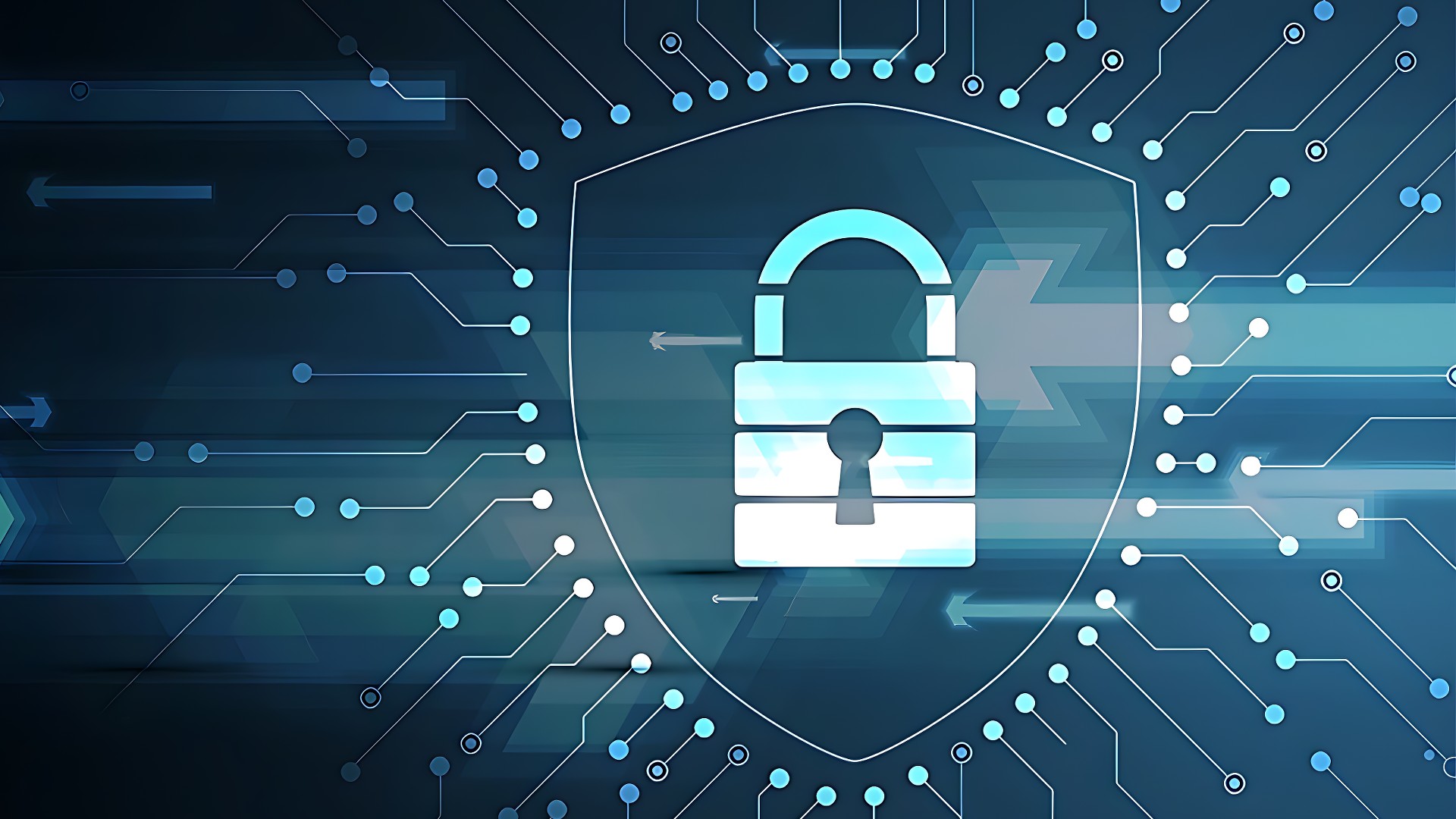 Une icône de cadenas lumineux est centrée sur un bouclier, symbolisant la cybersécurité et la protection des données.