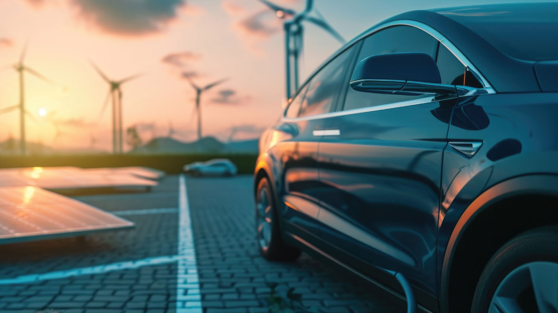 Un collage che presenta vari metodi di trasporto, tra cui una nave cargo, un'auto elettrica, camion merci e un treno moderno. Sullo sfondo sono visibili turbine eoliche, sottolineando l'integrazione dell'energia rinnovabile.