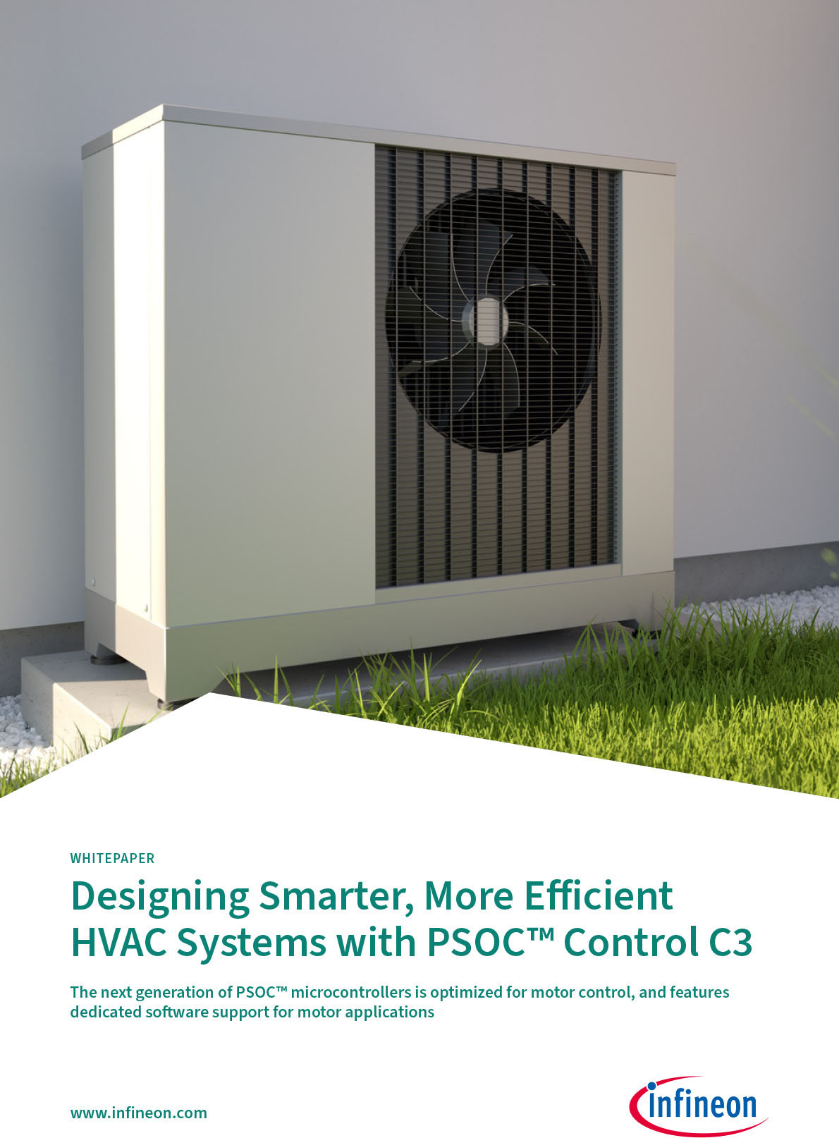 A sleek HVAC system is displayed outdoors on a concrete base surrounded by grass.