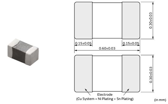 Murata NCU03WF104F6SRL chip thermal sensor with dimensions and electrode plating details in technical diagram.