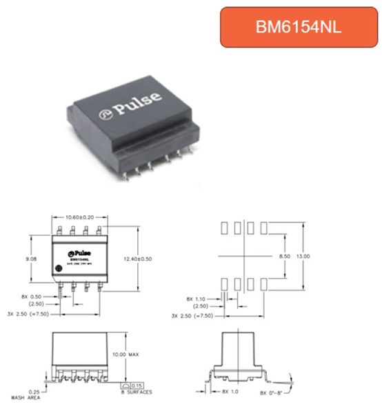 Pulse BM6154NL transformer with top view and detailed technical drawings showing dimensions and pin layout.